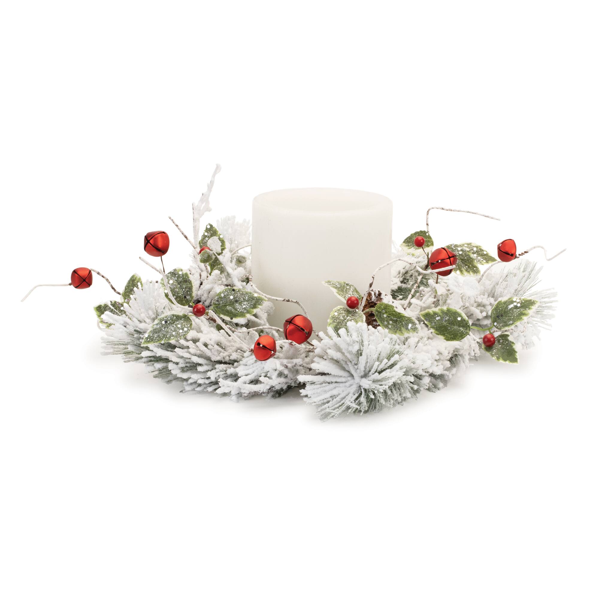 18" Flocked Pine, Holly Leaf & Sleigh Bell Candle Ring